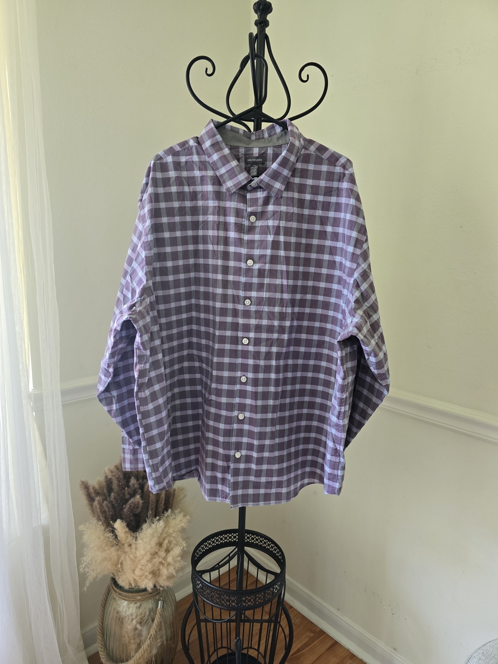 Van Heusen Lavender and White Checked Button-Down Shirt - Picture 3 of 7